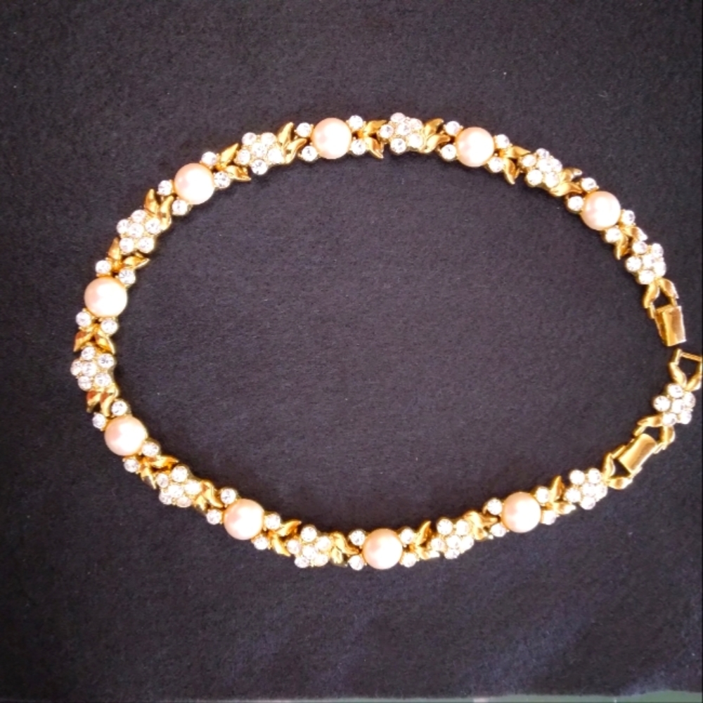 Vintage Monet Faux Pearl and Rhinestone 19" Necklace